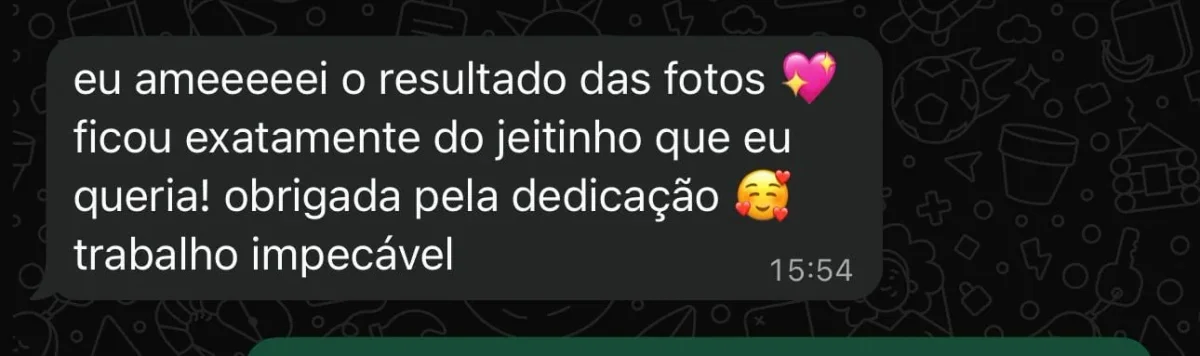 Mensagem de cliente elogiando ensaio fotográfico